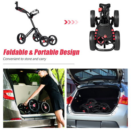 Carro de golf plegable de 4 ruedas para empujar y jalar