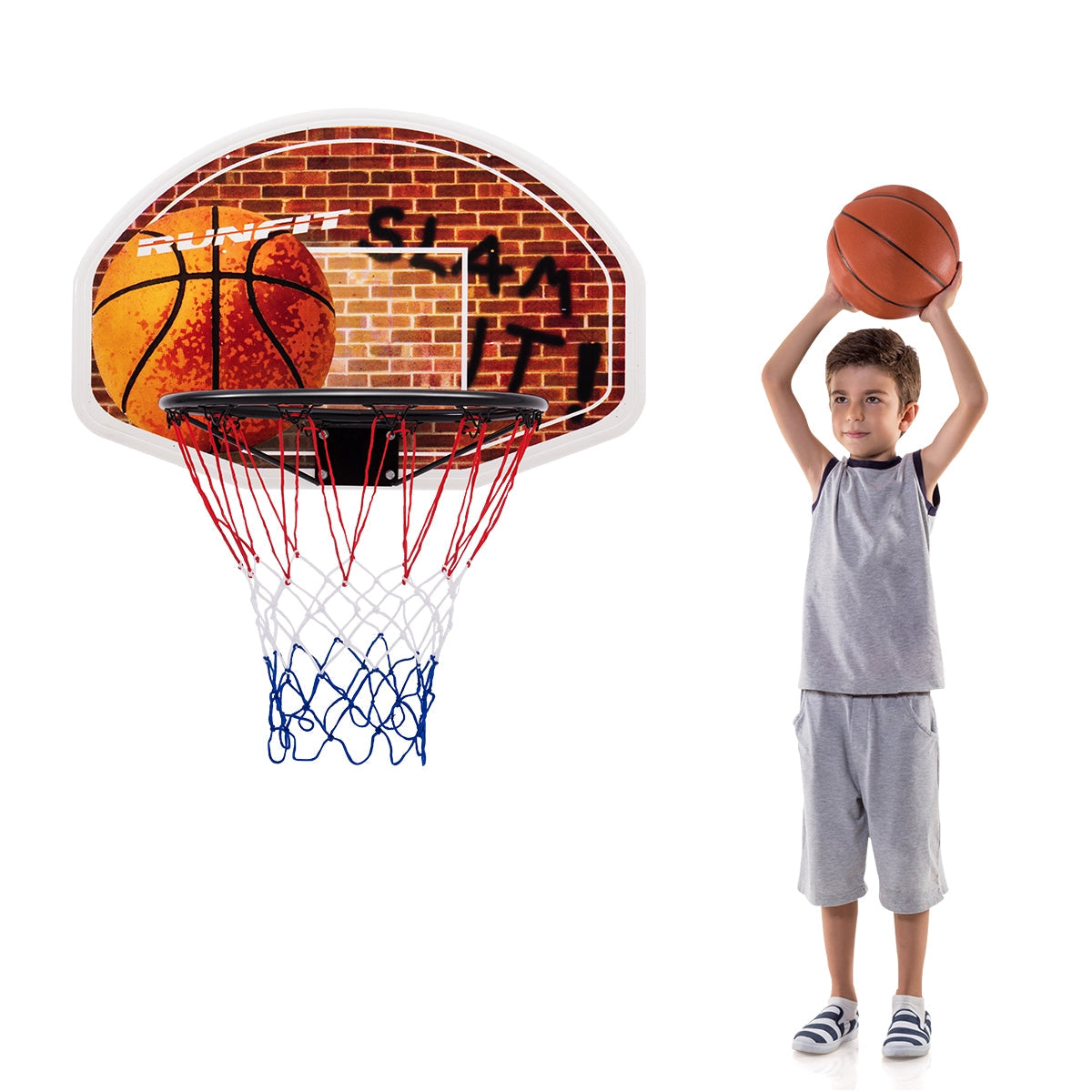 Tablero de baloncesto montado en la pared con aro y 2 redes
