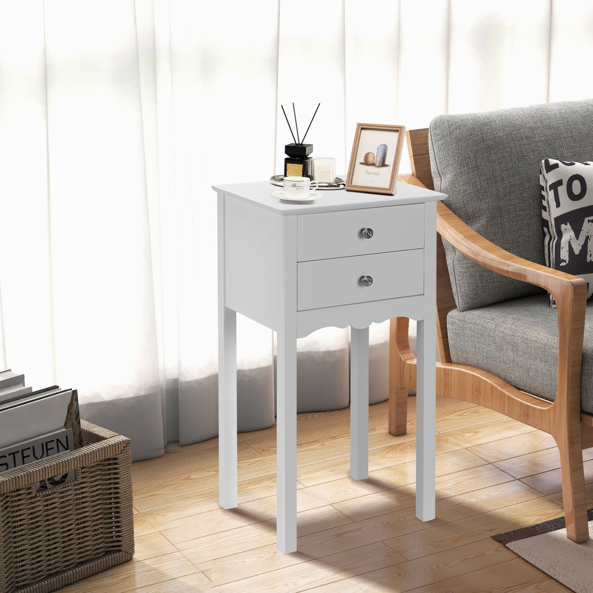 Mesa auxiliar/lateral decorativa con 2 cajones - Blanca