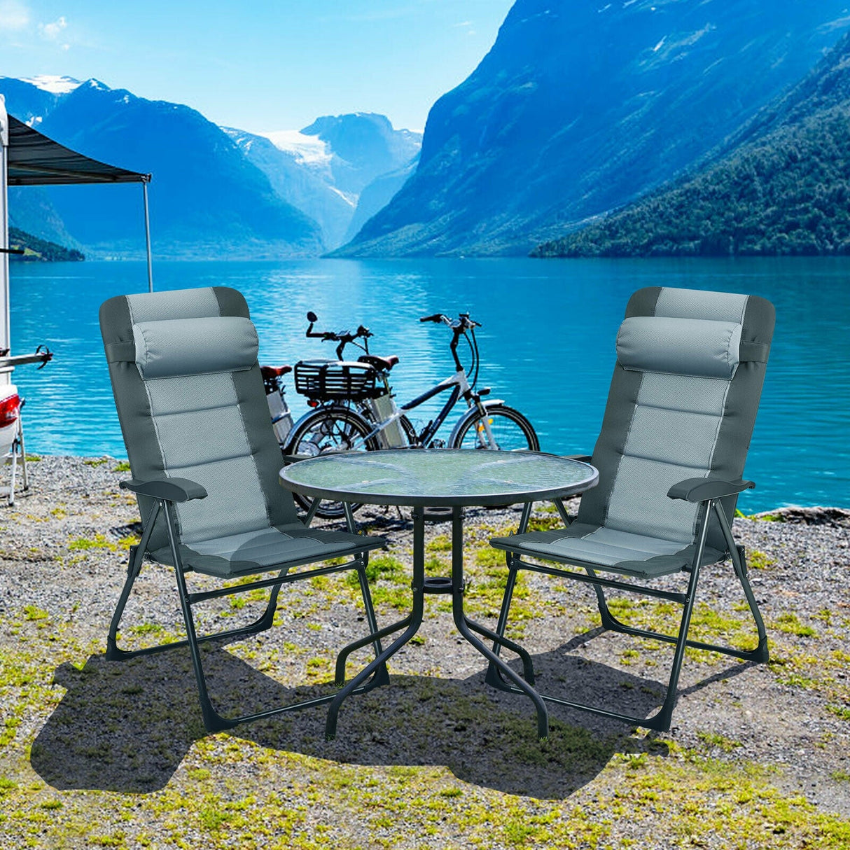 Juego de 2 sillas plegables de comedor con reposapiés, ajustables reclinables, para patio, Patiojoy, gris