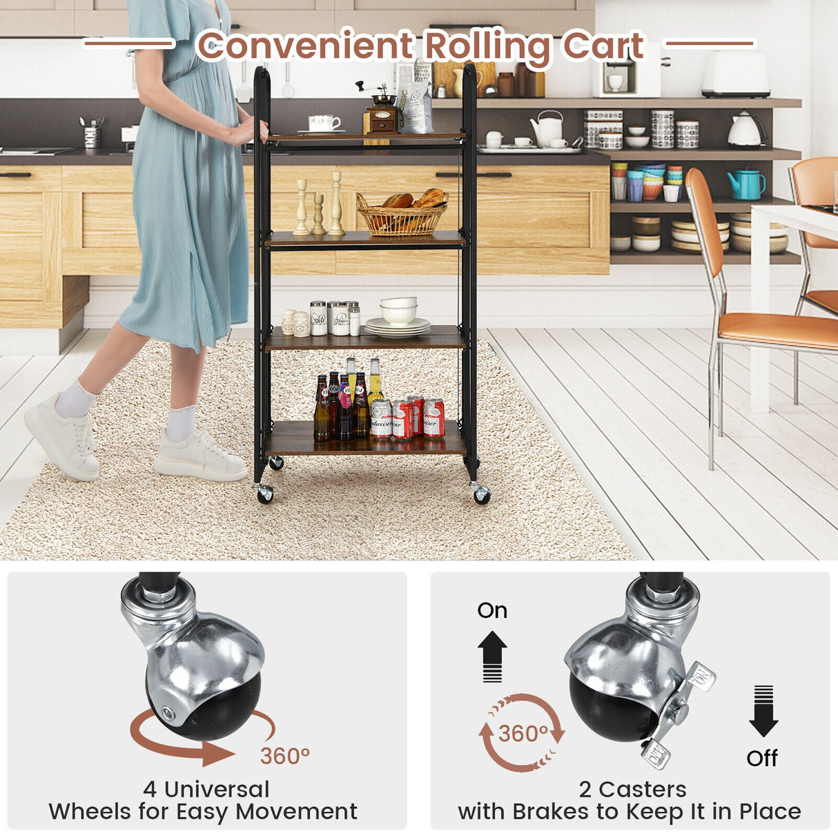 Carrito Plegable con Ruedas y Estantes de Almacenamiento para Cocina-4 Niveles