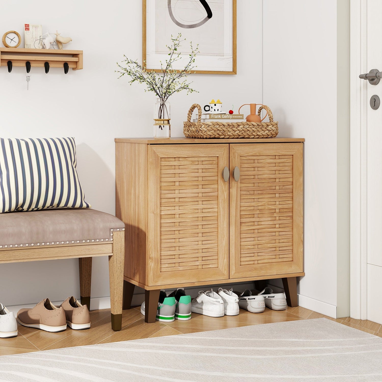 Organizador de almacenamiento para zapatos de 2 puertas y 4 niveles con puertas tejidas ventiladas - Teca