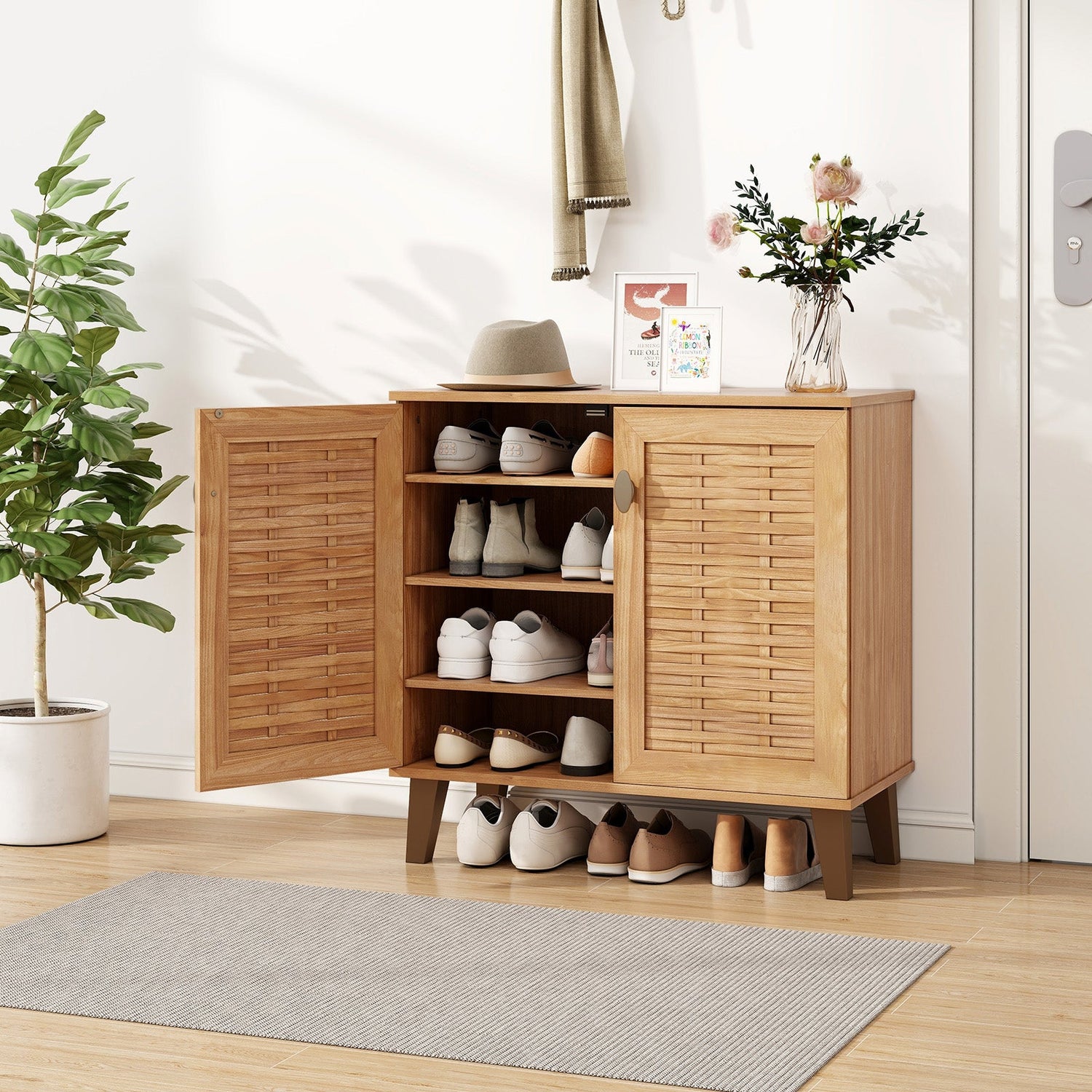 Organizador de almacenamiento para zapatos de 2 puertas y 4 niveles con puertas tejidas ventiladas - Teca