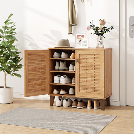 Organizador de almacenamiento para zapatos de 2 puertas y 4 niveles con puertas tejidas ventiladas - Teca