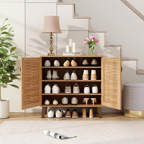 Organizador de almacenamiento para zapatos de 2 puertas y 4 niveles con puertas tejidas ventiladas - Teca