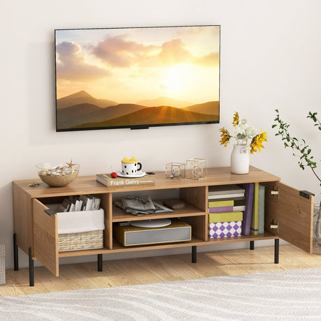 Mueble de TV de 2 puertas con estación de carga y estantes abiertos para televisores de hasta 65 pulgadas - Natural