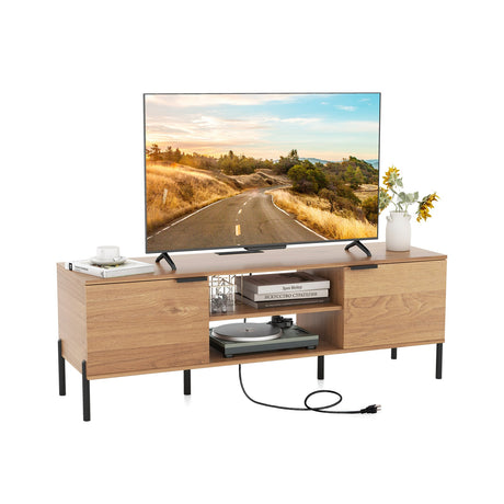 Mueble de TV de 2 puertas con estación de carga y estantes abiertos para televisores de hasta 65 pulgadas - Natural