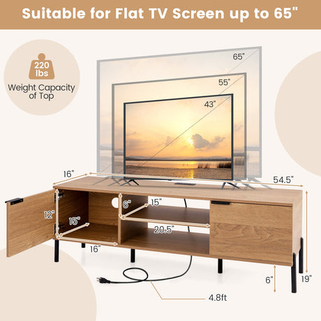 Mueble de TV de 2 puertas con estación de carga y estantes abiertos para televisores de hasta 65 pulgadas - Natural
