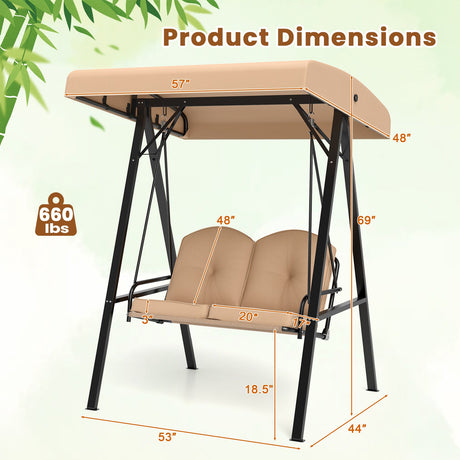 Columpio de Porche para 2 Personas con Soporte Metálico en Forma de A y Toldo Ajustable