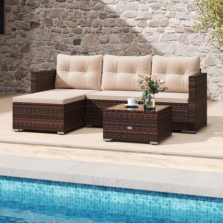 Juego de muebles de mimbre para exteriores de 4 asientos con mesa de centro de vidrio templado y cojines suaves - Beige