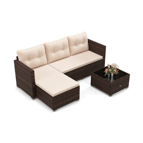 Juego de muebles de mimbre para exteriores de 4 asientos con mesa de centro de vidrio templado y cojines suaves - Beige