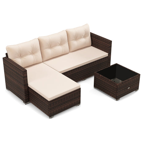 Juego de muebles de mimbre para exteriores de 4 asientos con mesa de centro de vidrio templado y cojines suaves - Beige