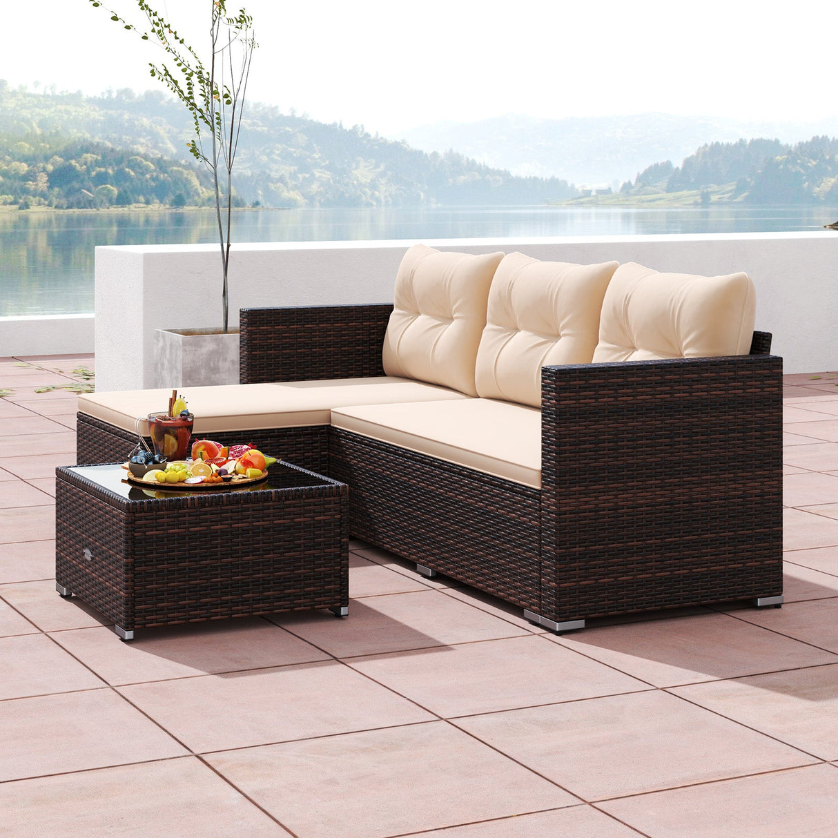 4 Seats Outdoor Wicker Furniture Set with Tempered Glass Coffee Table and Soft Cushions-Beige