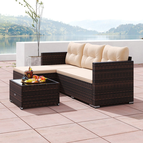 Juego de muebles de mimbre para exteriores de 4 asientos con mesa de centro de vidrio templado y cojines suaves - Beige
