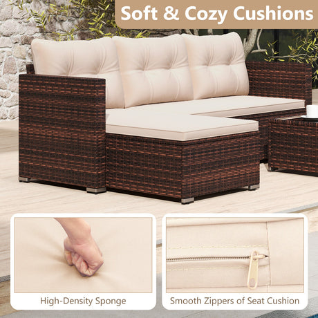 Juego de muebles de mimbre para exteriores de 4 asientos con mesa de centro de vidrio templado y cojines suaves - Beige