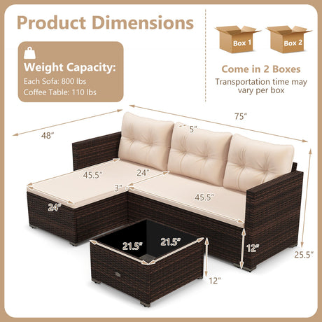 Juego de muebles de mimbre para exteriores de 4 asientos con mesa de centro de vidrio templado y cojines suaves - Beige