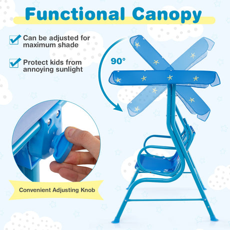 Columpio infantil de patio de 2 plazas con soporte metálico y toldo ajustable - Azul marino