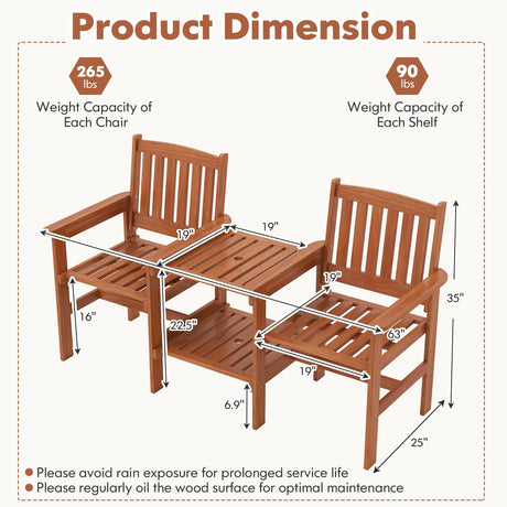 Juego de muebles de patio exterior de 2 plazas con agujero para sombrilla de 1,57 pulgadas