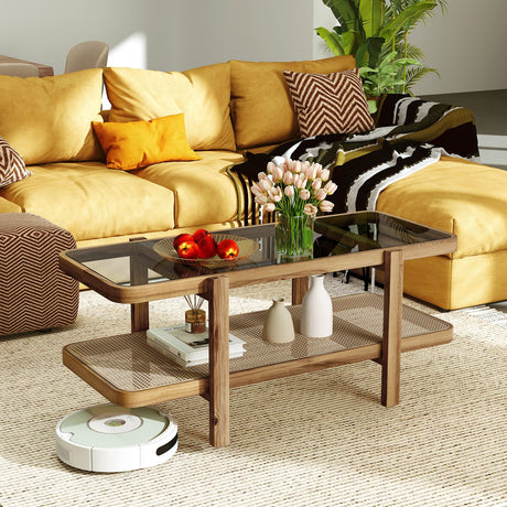 Mesa de centro de 2 niveles con almacenamiento y tablero de cristal templado