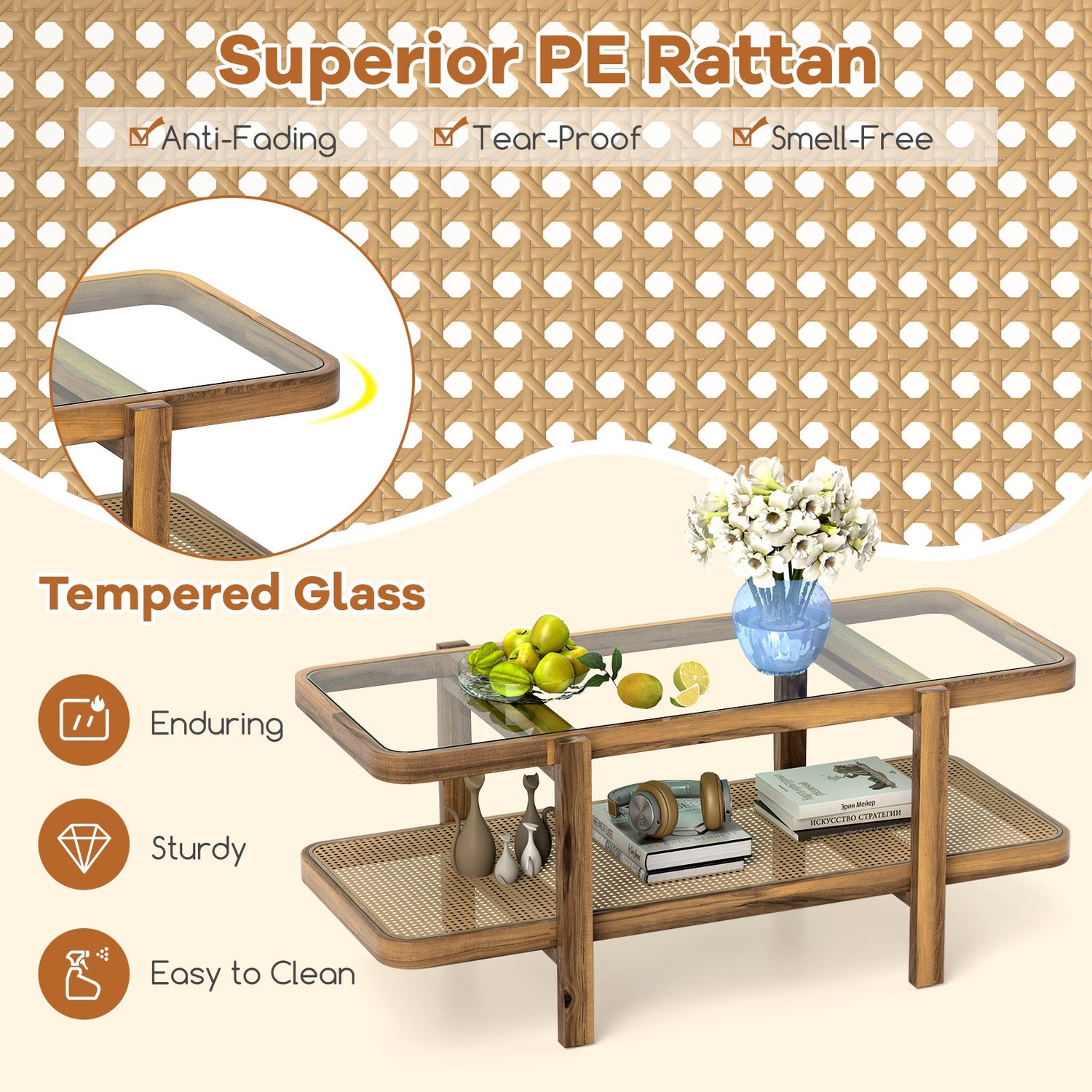 Mesa de centro de 2 niveles con almacenamiento y tablero de cristal templado