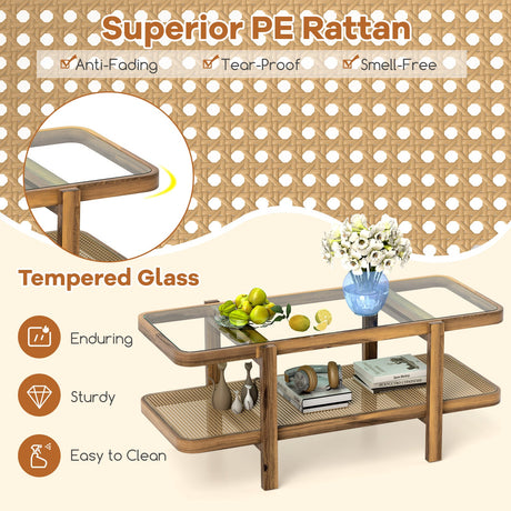 Mesa de centro de 2 niveles con almacenamiento y tablero de cristal templado
