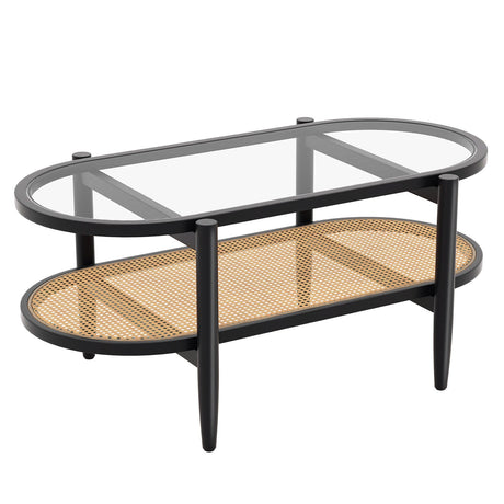 Mesa de centro de 2 niveles con tapa de cristal templado y estructura de madera de acacia