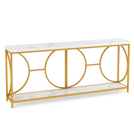Mesa Consola de 2 Niveles con Tapa de Imitación Mármol y Estante de Almacenamiento - Blanco