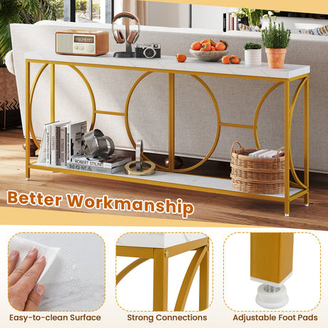 Mesa Consola de 2 Niveles con Tapa de Imitación Mármol y Estante de Almacenamiento - Blanco
