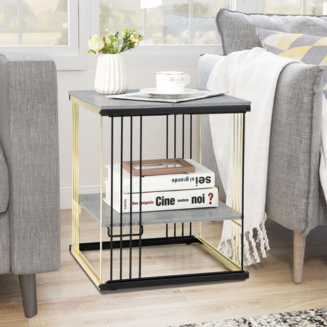 Mesa Auxiliar de Metal de 2 Niveles con Estante Extraíble - Gris