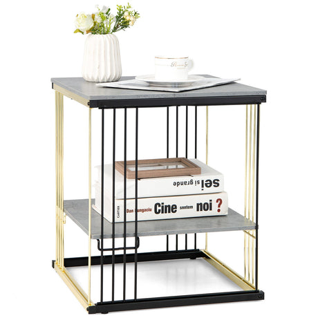 Mesa Auxiliar de Metal de 2 Niveles con Estante Extraíble - Gris