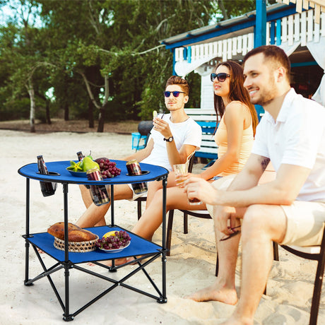 Mesa de Picnic Portátil de 2 Niveles con Bolsa de Transporte y 4 Portavasos - Azul