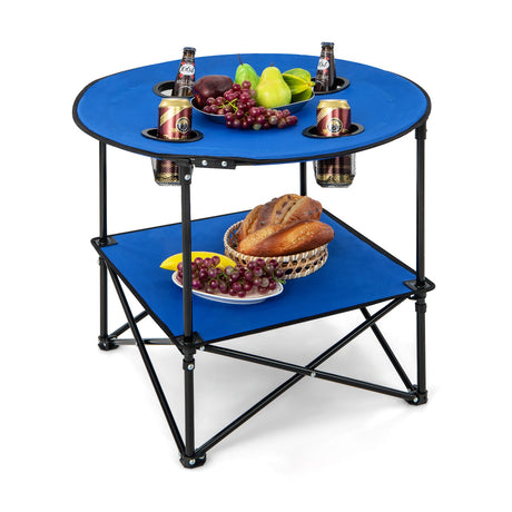 Mesa de Picnic Portátil de 2 Niveles con Bolsa de Transporte y 4 Portavasos - Azul