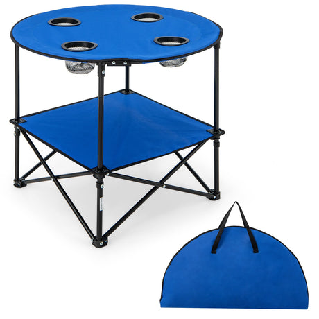 Mesa de Picnic Portátil de 2 Niveles con Bolsa de Transporte y 4 Portavasos - Azul