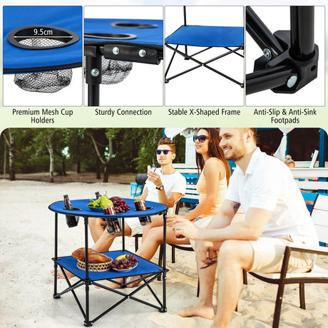 Mesa de Picnic Portátil de 2 Niveles con Bolsa de Transporte y 4 Portavasos - Azul