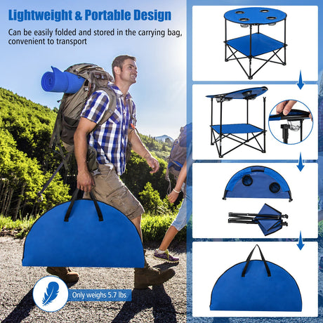 Mesa de Picnic Portátil de 2 Niveles con Bolsa de Transporte y 4 Portavasos - Azul