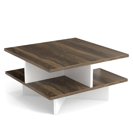 Mesa de centro cuadrada de 2 niveles con 4 compartimentos de almacenamiento-Nogal