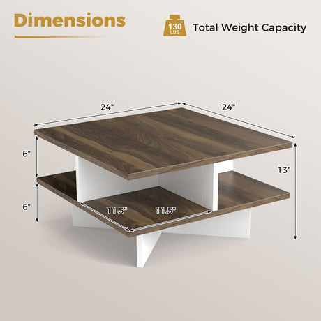 Mesa de centro cuadrada de 2 niveles con 4 compartimentos de almacenamiento-Nogal