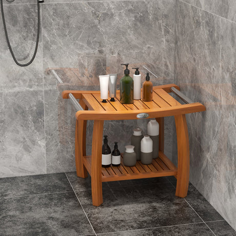 Taburete de ducha de madera de teca de 2 niveles con asiento curvo y asas