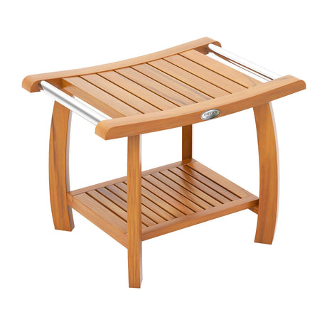 Taburete de ducha de madera de teca de 2 niveles con asiento curvo y asas