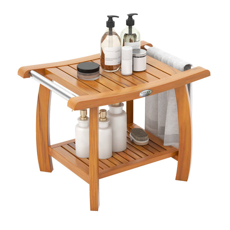 Taburete de ducha de madera de teca de 2 niveles con asiento curvo y asas