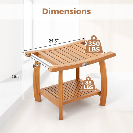 Taburete de ducha de madera de teca de 2 niveles con asiento curvo y asas