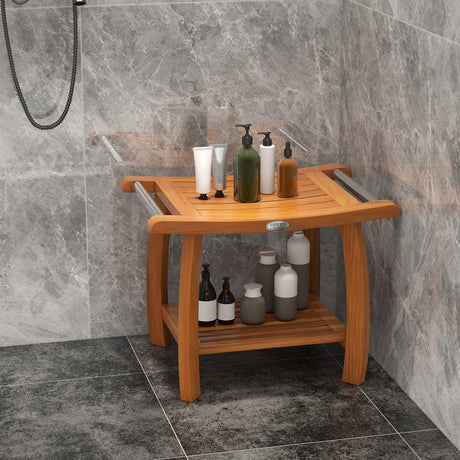 Banco de ducha de madera de teca de 2 niveles con asiento curvo