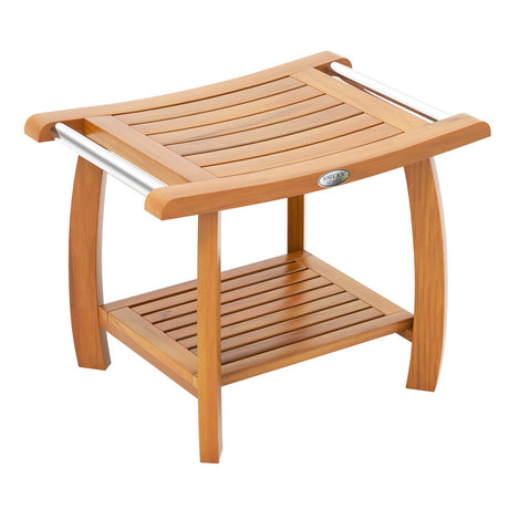 Banco de ducha de madera de teca de 2 niveles con asiento curvo