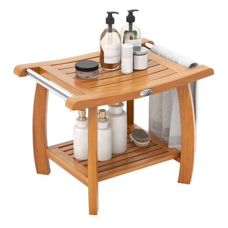 Banco de ducha de madera de teca de 2 niveles con asiento curvo