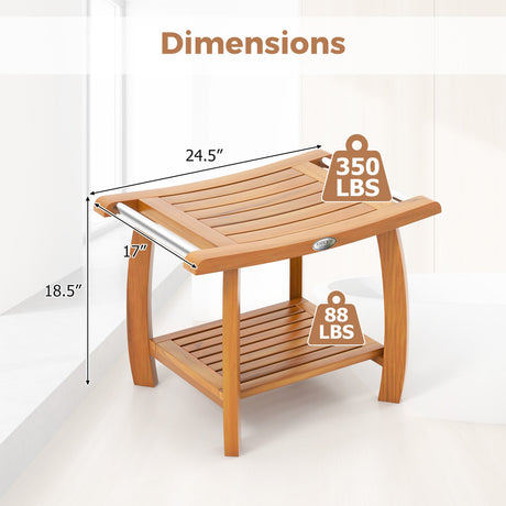 Banco de ducha de madera de teca de 2 niveles con asiento curvo