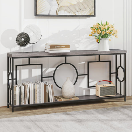 Mesa consola de 2 niveles con parte superior de imitación mármol y estante de almacenamiento para pasillo, marrón rústico