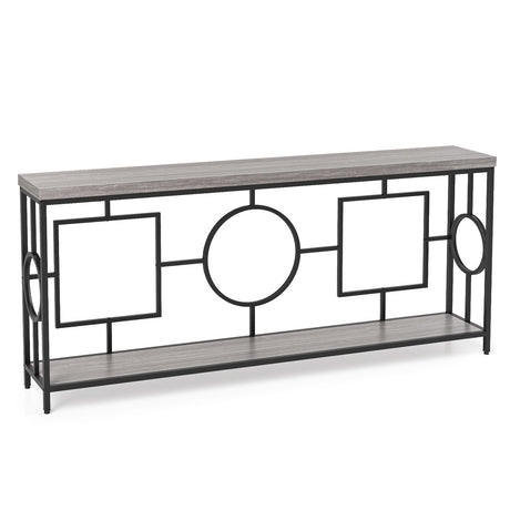 Mesa consola de 2 niveles con parte superior de imitación mármol y estante de almacenamiento para pasillo, marrón rústico