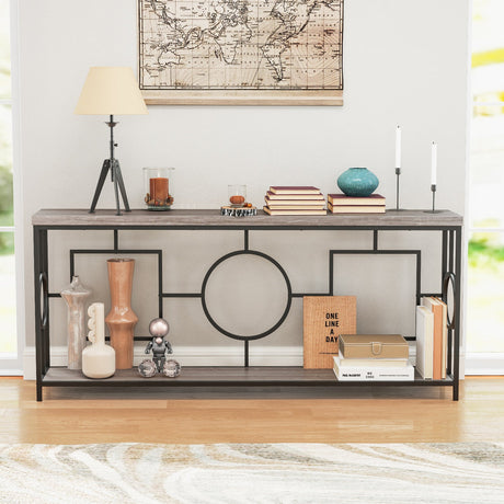 Mesa consola de 2 niveles con parte superior de imitación mármol y estante de almacenamiento para pasillo, marrón rústico