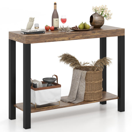 Mesa de Bar Doméstico de 2 Niveles con Estantes Abiertos y Almacenamiento para Cocina, Sala de Estar, Pub-Marrón Rústico