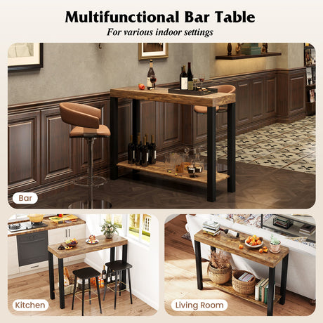 Mesa de Bar Doméstico de 2 Niveles con Estantes Abiertos y Almacenamiento para Cocina, Sala de Estar, Pub-Marrón Rústico